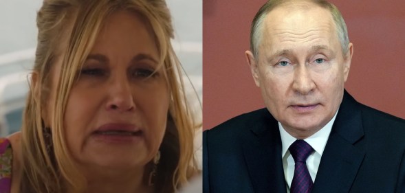 On the left, a screenshot of Jennifer Coolidge as Tanya in The White Lotus. On the right, Russia's president Vladimir Putin.