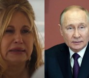 On the left, a screenshot of Jennifer Coolidge as Tanya in The White Lotus. On the right, Russia's president Vladimir Putin.