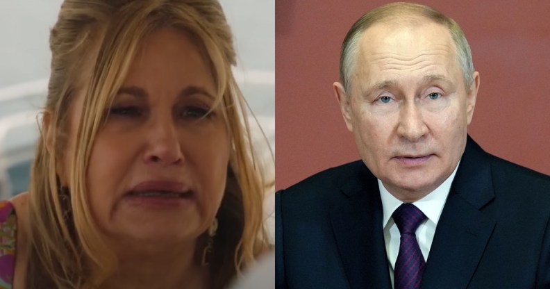 On the left, a screenshot of Jennifer Coolidge as Tanya in The White Lotus. On the right, Russia's president Vladimir Putin.