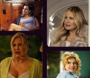 A graphic montage of actor Jennifer Coolidge's best screen performances - all layed out as if on a piece of celluloid film.