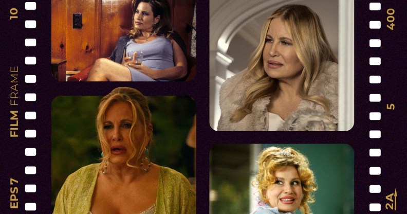 A graphic montage of actor Jennifer Coolidge's best screen performances - all layed out as if on a piece of celluloid film.