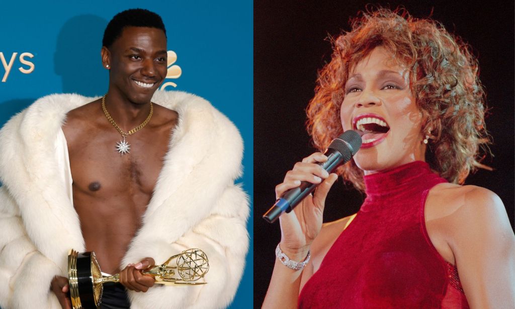 On the left, Jerrod Carmichael on the Emmy red carpet wearing a white fur coat and an exposed chest holding a golden Emmy Award. On the right, Whitney Houston singing into a microphone while wearing a neck-high red dress.