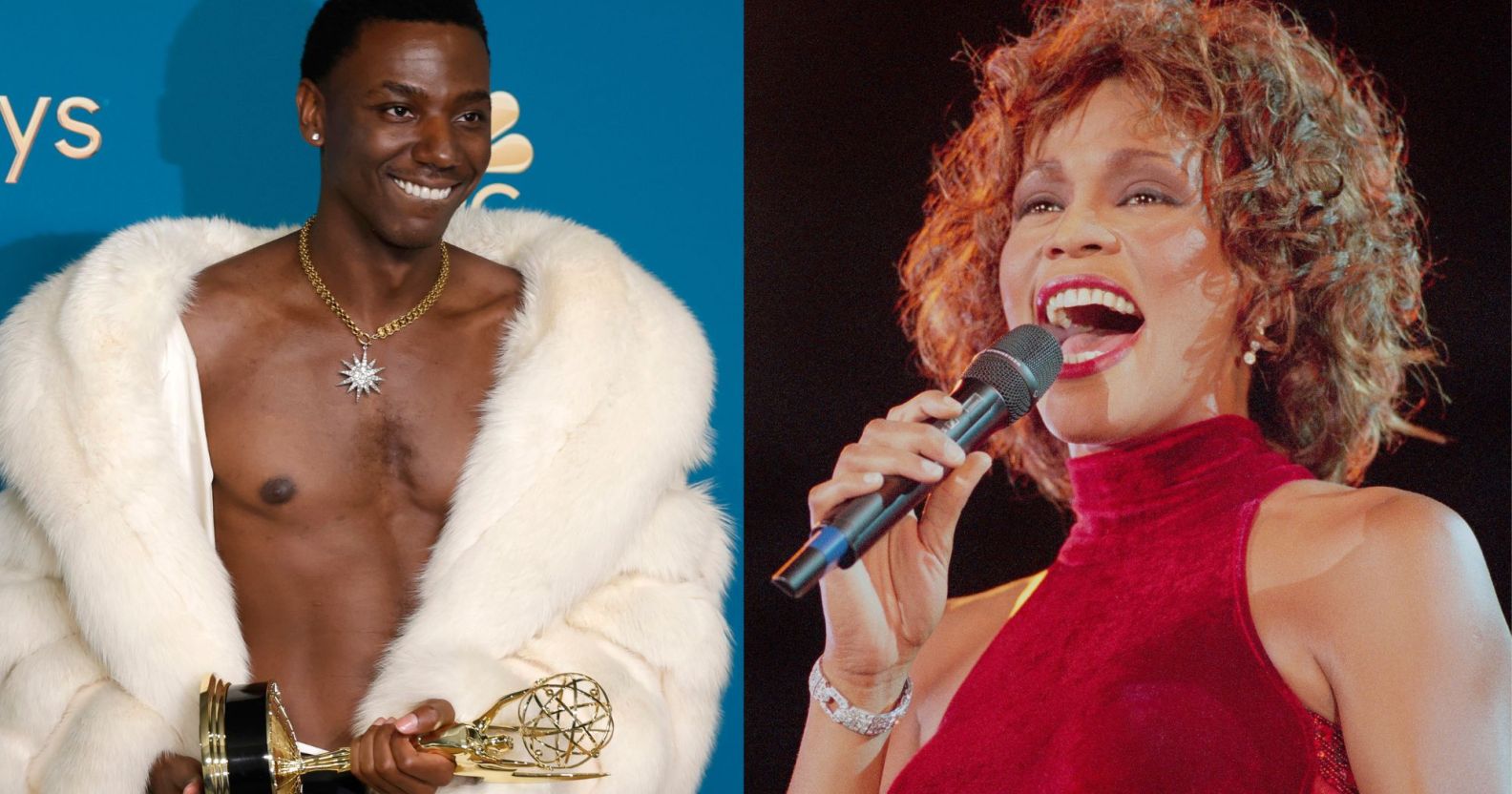 On the left, Jerrod Carmichael on the Emmy red carpet wearing a white fur coat and an exposed chest holding a golden Emmy Award. On the right, Whitney Houston singing into a microphone while wearing a neck-high red dress.