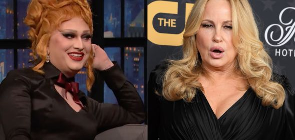 On the left: Jinkx Monsoon on Late Night with Seth Meyers. On the right: Jennifer Coolidge on the red carpet at the Critics Choice Awards.