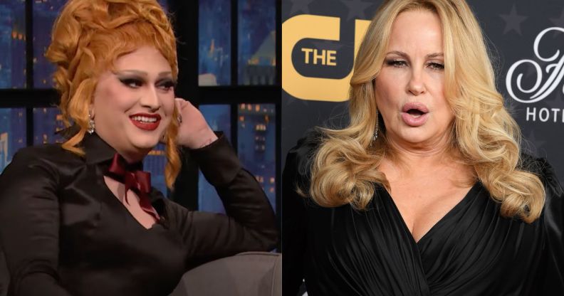 On the left: Jinkx Monsoon on Late Night with Seth Meyers. On the right: Jennifer Coolidge on the red carpet at the Critics Choice Awards.