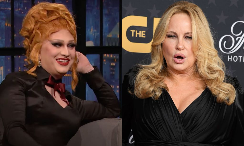 On the left: Jinkx Monsoon on Late Night with Seth Meyers. On the right: Jennifer Coolidge on the red carpet at the Critics Choice Awards.