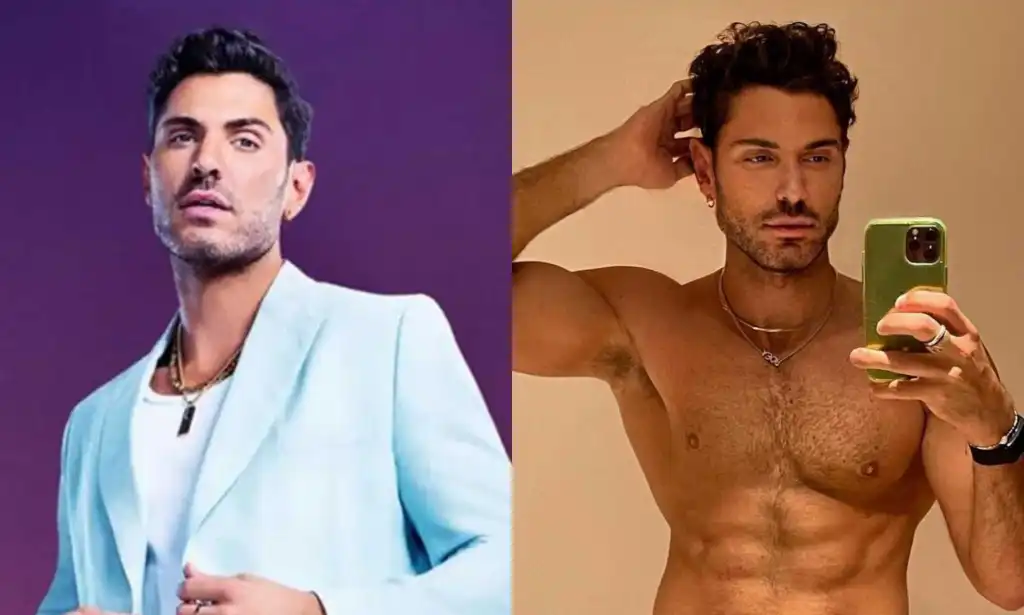 A split-screen image shows on the left social media influencer Joey Zauzig dressed in a cream suit for a The Real Friends of WeHo promo image, and on the left, Zauzig is shirtless as he holds his mobile phone