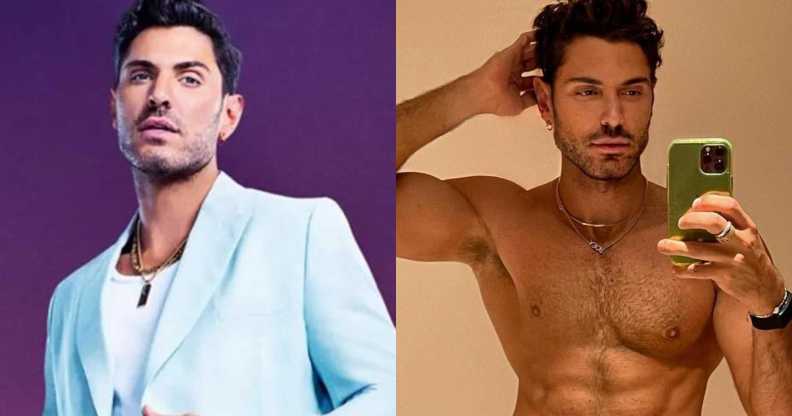 A split-screen image shows on the left social media influencer Joey Zauzig dressed in a cream suit for a The Real Friends of WeHo promo image, and on the left, Zauzig is shirtless as he holds his mobile phone
