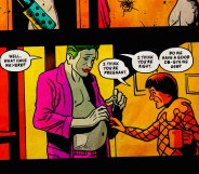 A comic books strip showing a clearly pregnant Joker and another character. Dialogue reads: Well, what we have here? I think you're pregnant. I think you're right. Do we have a good OB-GYN we use?