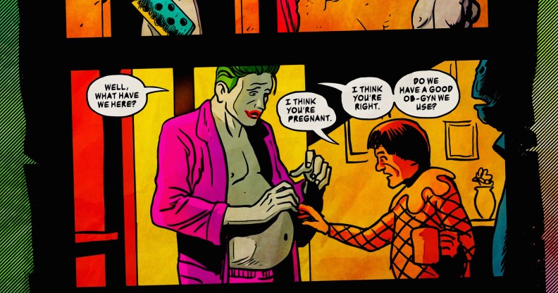 A comic books strip showing a clearly pregnant Joker and another character. Dialogue reads: Well, what we have here? I think you're pregnant. I think you're right. Do we have a good OB-GYN we use?