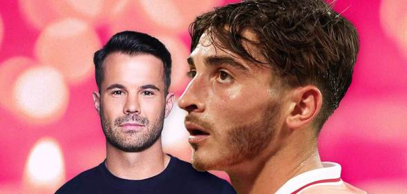 An image showing cut-out pictures of gay sportsmen Simon Dunn and Josh Cavallo set against a pink background