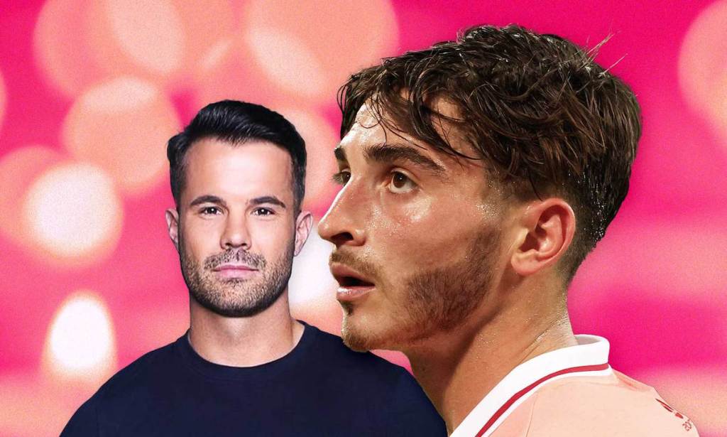 An image showing cut-out pictures of gay sportsmen Simon Dunn and Josh Cavallo set against a pink background