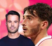 An image showing cut-out pictures of gay sportsmen Simon Dunn and Josh Cavallo set against a pink background