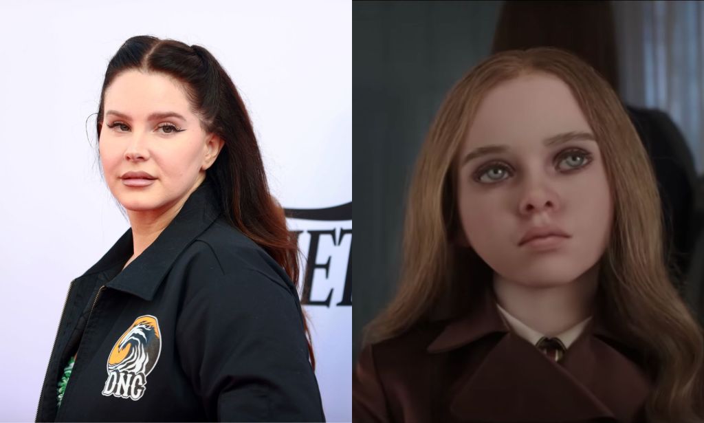 On the left, Lana Del Rey on the red carpet at the Variety Hitmakers Brunch wearing a black jacket. On the right, a screenshot of M3GAN doll.
