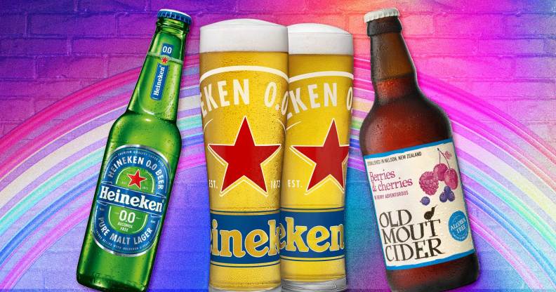 Heineken 0.0 alcohol free beer next to a bottle of Old Mout Cider Alcohol Free Berries & Cherries