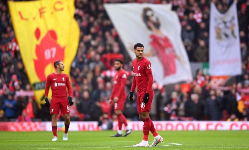 LIVERPOOL, ENGLAND - JANUARY 21: Cody Gakpo of Liverpool looks on prior to the Premier League match between Liverpool FC and Chelsea FC at Anfield on January 21, 2023 in Liverpool, England. (Photo by Laurence Griffiths/Getty Images)