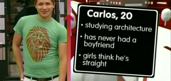 A screenshot showing a gay contestant on an MTV dating show Next. The contestant is wearing a light green t-shirt that has a stylised lion image with white trousers. Next to him is a superimposed box giving the contestant's personal information