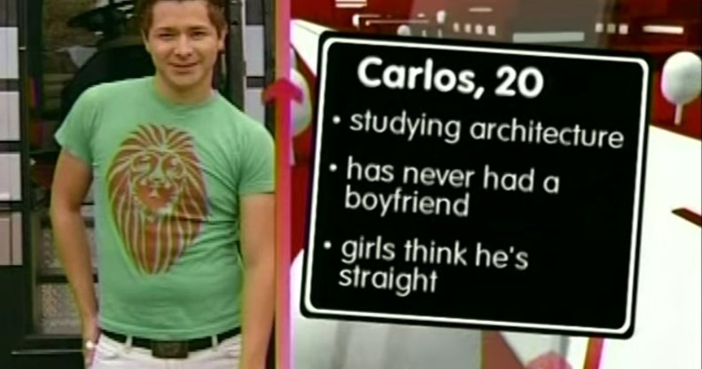 A screenshot showing a gay contestant on an MTV dating show Next. The contestant is wearing a light green t-shirt that has a stylised lion image with white trousers. Next to him is a superimposed box giving the contestant's personal information