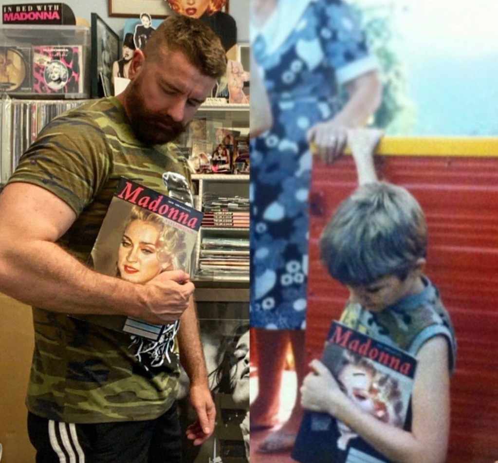 A Madonna super fan holding the same piece of merchandise aged 11 and aged 47.