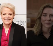 Two split images show on the left conductor Marin Alsop wearing a red shirt and black jacket smiling as she poses at a red carpet event and on the right-hand side is a still from the film Tár showing actor Cate Blanchett as Lydia Tár wearing a black top