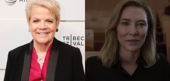 Two split images show on the left conductor Marin Alsop wearing a red shirt and black jacket smiling as she poses at a red carpet event and on the right-hand side is a still from the film Tár showing actor Cate Blanchett as Lydia Tár wearing a black top