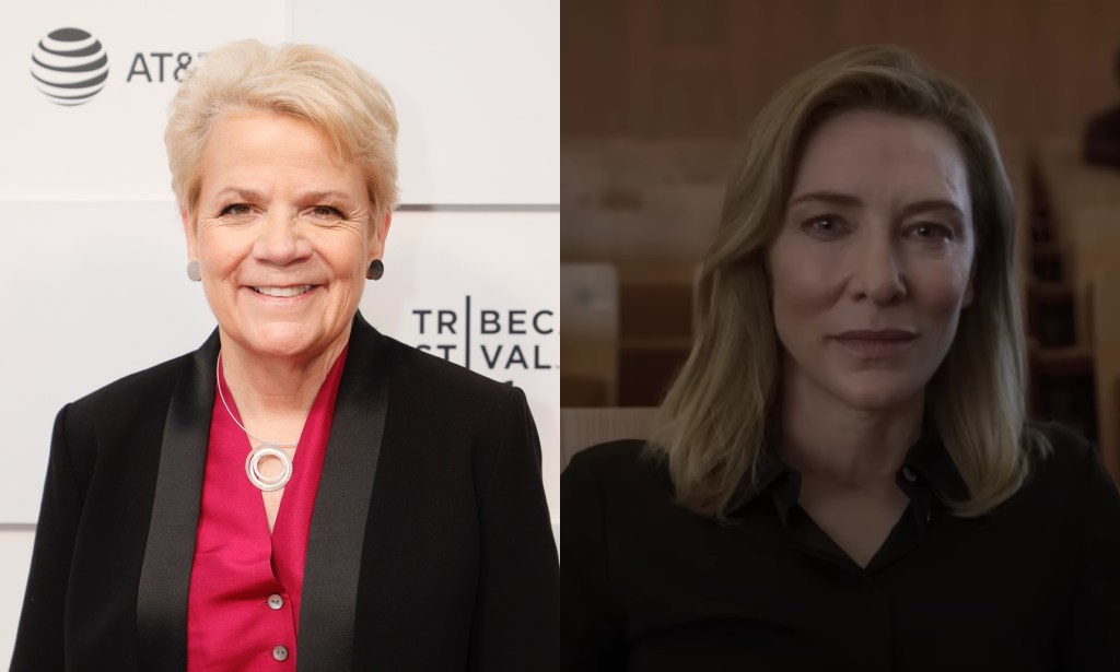 Two split images show on the left conductor Marin Alsop wearing a red shirt and black jacket smiling as she poses at a red carpet event and on the right-hand side is a still from the film Tár showing actor Cate Blanchett as Lydia Tár wearing a black top