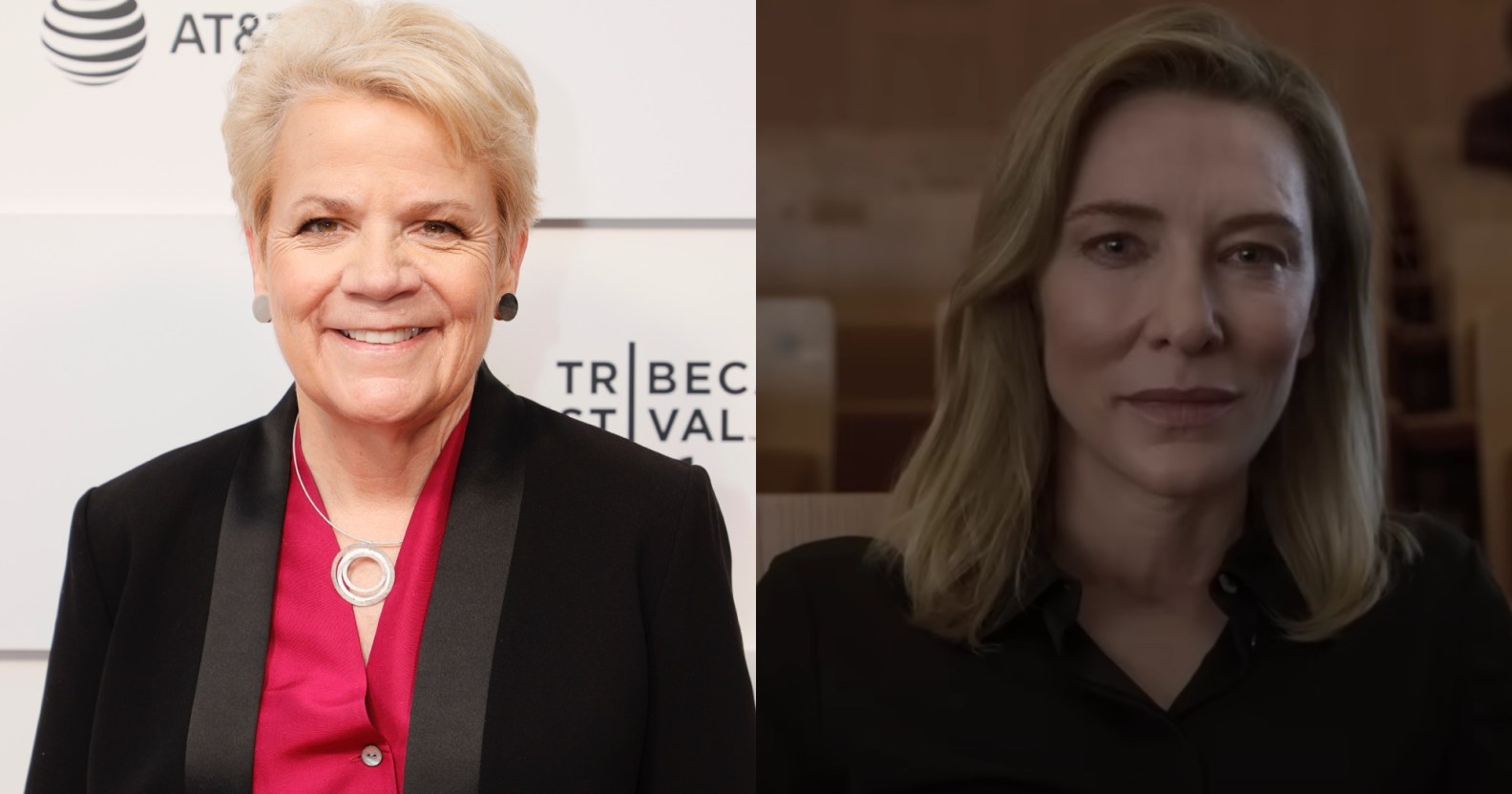 Two split images show on the left conductor Marin Alsop wearing a red shirt and black jacket smiling as she poses at a red carpet event and on the right-hand side is a still from the film Tár showing actor Cate Blanchett as Lydia Tár wearing a black top