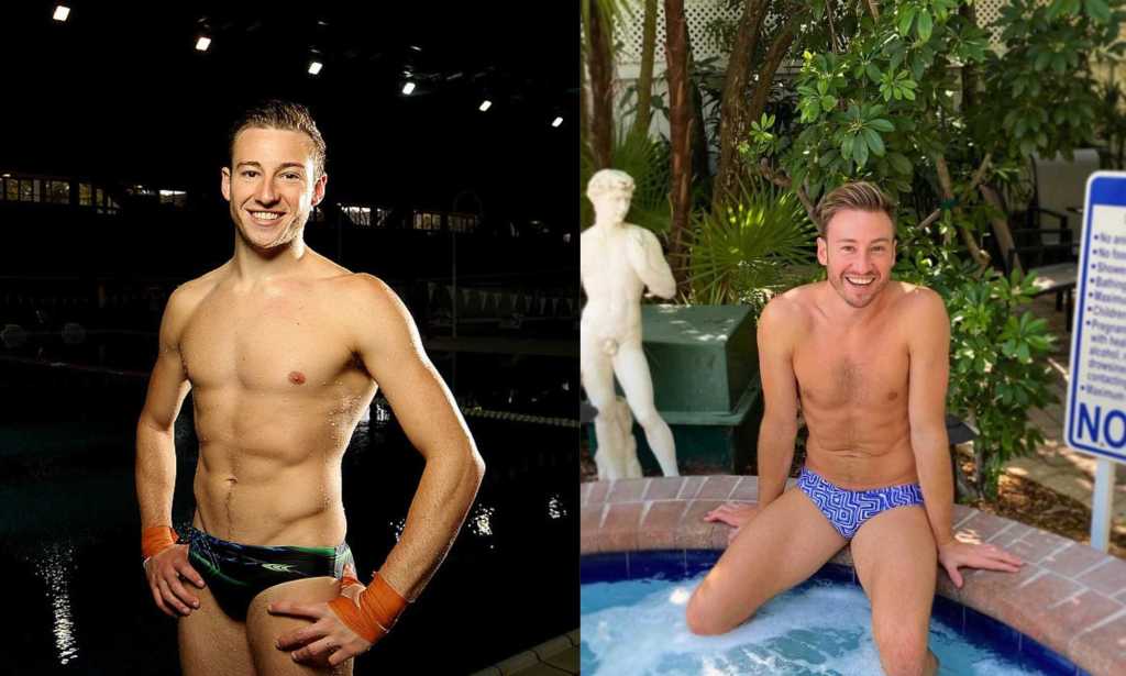 On the left, Matthew Mitcham is pictured wearing a Speedo at the 2012 London Olympics. On the right, he is pictured sitting by the side of a pool wearing a Speedo.