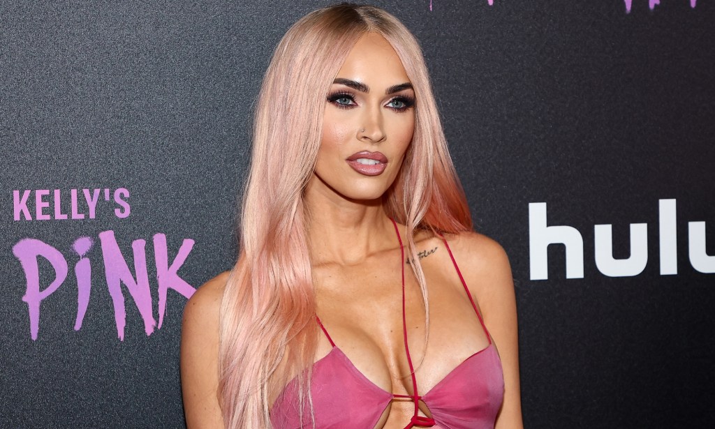 Megan Fox with pink hair in a pink dress (Getty)