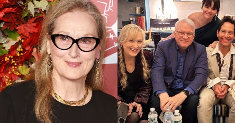 Meryl Streep (L) joins the cast for Only Murders in the Building. (Getty/Twitter/@GomezSource)