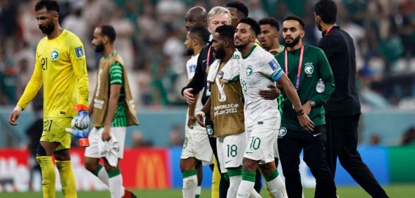 Saudi Arabia's midfielder #10 Salem Al-Dawsari (2nd R) reacts at the end of the Qatar 2022 World Cup Group C football match between Saudi Arabia and Mexico at the Lusail Stadium in Lusail, north of Doha on November 30, 2022.
