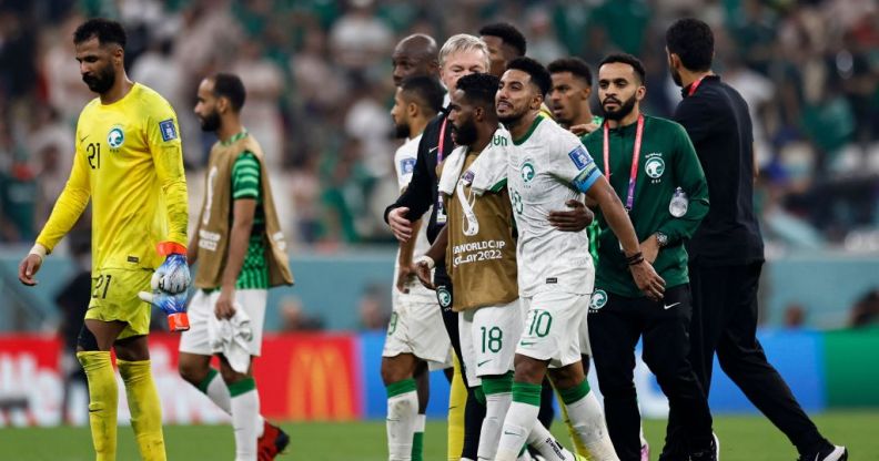 Saudi Arabia's midfielder #10 Salem Al-Dawsari (2nd R) reacts at the end of the Qatar 2022 World Cup Group C football match between Saudi Arabia and Mexico at the Lusail Stadium in Lusail, north of Doha on November 30, 2022.