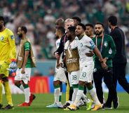 Saudi Arabia's midfielder #10 Salem Al-Dawsari (2nd R) reacts at the end of the Qatar 2022 World Cup Group C football match between Saudi Arabia and Mexico at the Lusail Stadium in Lusail, north of Doha on November 30, 2022.