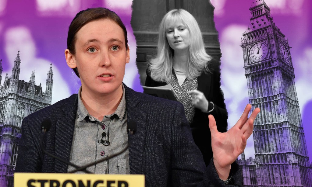 A graphic shows MP Mhairi Black speaking during an event, with a picture of MP Rosie Duffield in black and white photoshopped behind her. Also in the background is the Palace of Westminster with