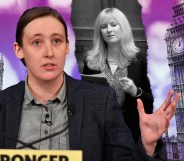 A graphic shows MP Mhairi Black speaking during an event, with a picture of MP Rosie Duffield in black and white photoshopped behind her. Also in the background is the Palace of Westminster with