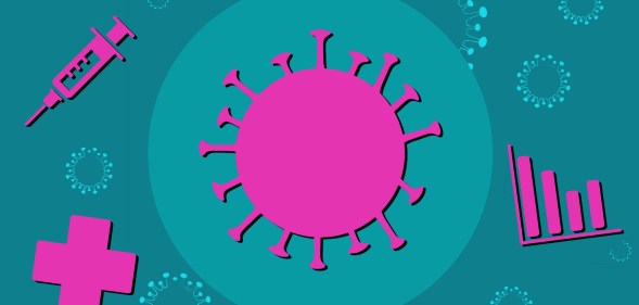 Illustration of a virus, syringe, graph and medical cross