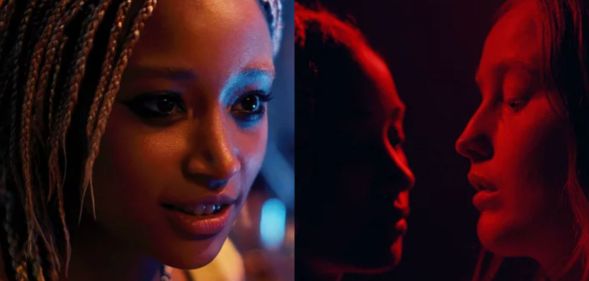 Screenshots of Amandla Stenberg in Bodies Bodies Bodies and Bobbi Salvör Menuez in my animal