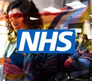 An image shows a person with long dark hair taking pills out of a box. The colours of the Progress Pride flag are visible in the background and the NHS logo is emblazoned over the image.