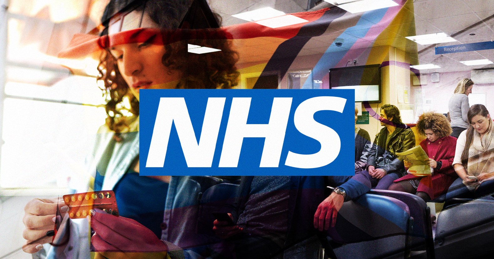 An image shows a person with long dark hair taking pills out of a box. The colours of the Progress Pride flag are visible in the background and the NHS logo is emblazoned over the image.
