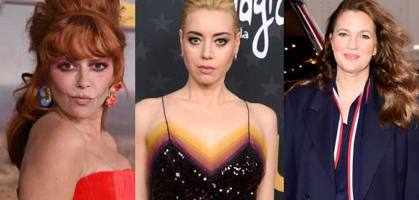 An image showing three photos: on the left is actor Natasha Lyonne wearing a red dress as she poses at a red carpet event, in the middle is actor Aubrey Plaza wearing a black dress to a public event and on the right is actor-presenter Drew Barrymore wearing a navy blue jacket and top