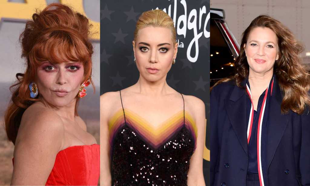 An image showing three photos: on the left is actor Natasha Lyonne wearing a red dress as she poses at a red carpet event, in the middle is actor Aubrey Plaza wearing a black dress to a public event and on the right is actor-presenter Drew Barrymore wearing a navy blue jacket and top