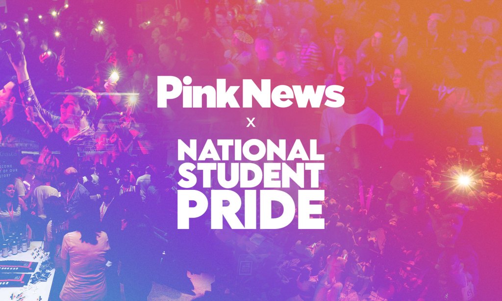 The PinkNews logo above the National Student Pride logo on a purple, pink and orange background