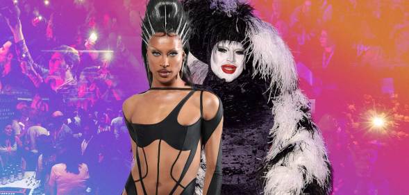 Drag Race UK stars Tayce (left) and Danny Beard against a backdrop of crowds at National Student Pride