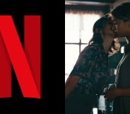 A graphic shows the Netflix logo and a scene from its cancelled show Warrior Nun depicting two female characters kissing. (Netflix)