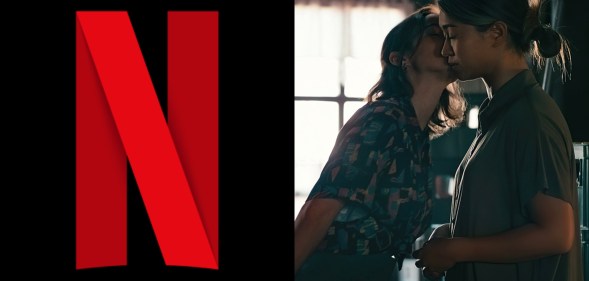 A graphic shows the Netflix logo and a scene from its cancelled show Warrior Nun depicting two female characters kissing. (Netflix)