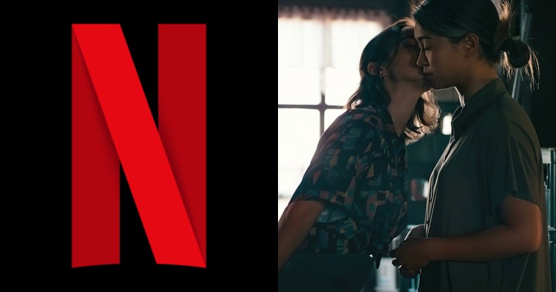 A graphic shows the Netflix logo and a scene from its cancelled show Warrior Nun depicting two female characters kissing. (Netflix)