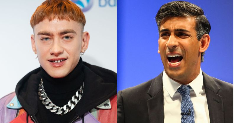 On the left: Olly Alexander in wearing a multicoloured jacket with black roll neck and silver chain against a grey background. On the left, Rishi Sunak talking.