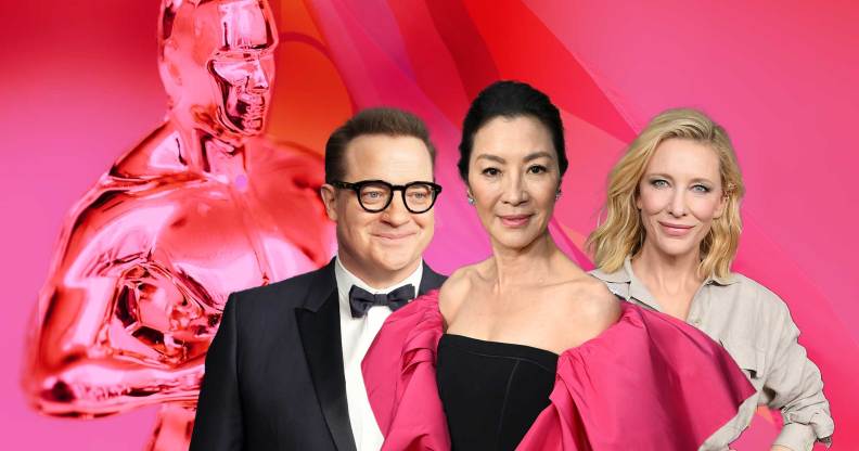 2023 Oscar nominees from LGBT films Brendan Fraser, Michelle Yeoh and Cate Blanchett against a pink background with a pink Oscar statue behind them