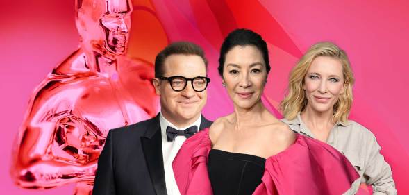 2023 Oscar nominees from LGBT films Brendan Fraser, Michelle Yeoh and Cate Blanchett against a pink background with a pink Oscar statue behind them