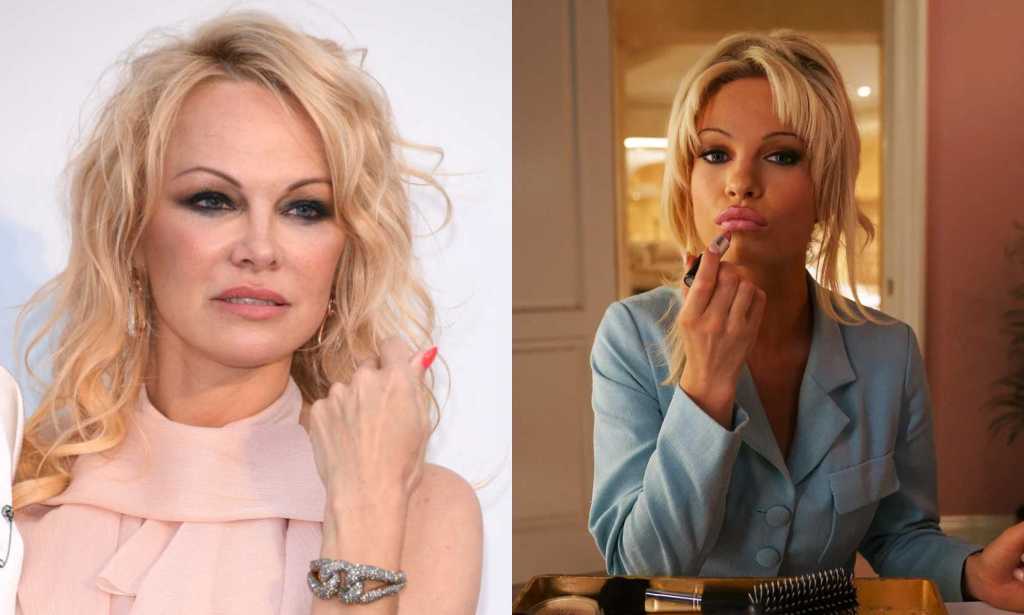 Pamela Anderson in a pink dress (left) and Lily James as Pamela Anderson in Pam & Tommy